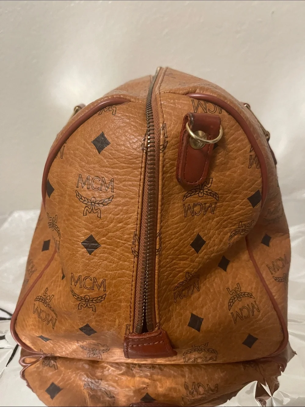 MCM Cognac Visetos Monogram Bag with Gold Hardware